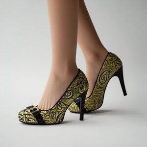 Lovely People Black Yellow Gold Foil Damask Paisley  Party Platform Heels 7.5